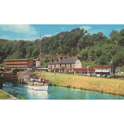 Boat at Cairnbann Hotel on Crinan Canal 1970s Postcard