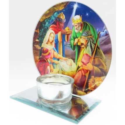 Nativity Scene Tea Light Holder Round Glass 12.5 Christmas Gift Holiday Home