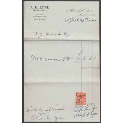Three Receipts or Billheads - AH Lyne, Merchant Tailor, London, 1930-33