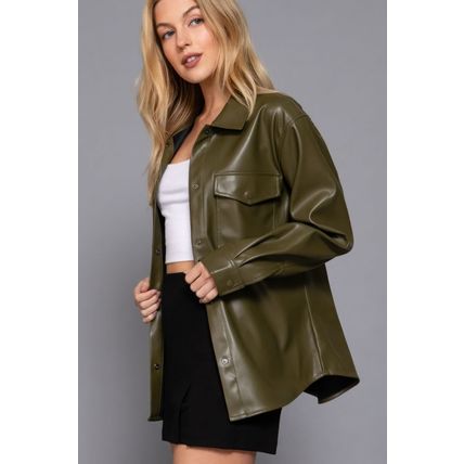 Long Slv Faux Leather Shacket