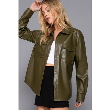 Long Slv Faux Leather Shacket