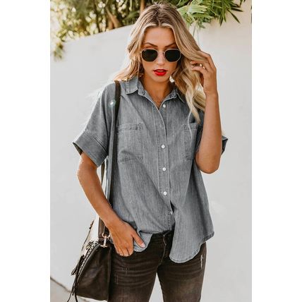 Turn-down Collar Short Sleeve Denim Shirt