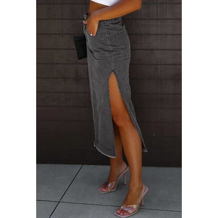 Black Raw Edge Side Slits Buttoned Midi Denim Skirt