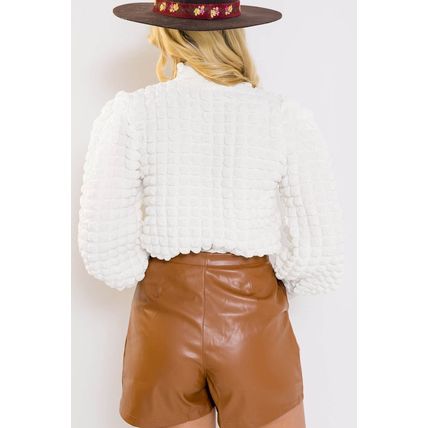 White Textured Smocked Mock Neck Puff Sleeve Blouse