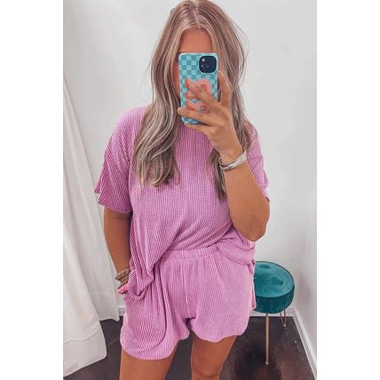 Phalaenopsis Ribbed Textured Knit Loose Fit Tee and Shorts Set
