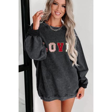 Black Sequin LOVE Chenille Embroidered Graphic Corded Sweatshirt