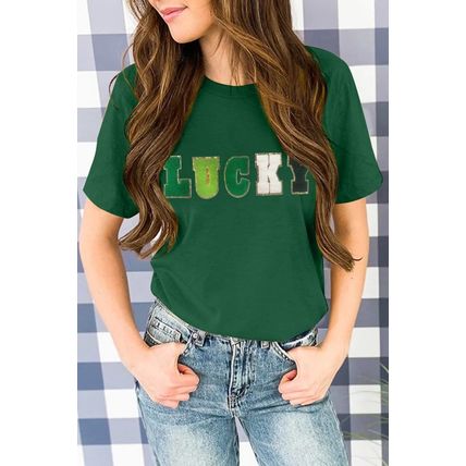 Green LUCKY Glitter Chenille Patched Crew Neck T Shirt