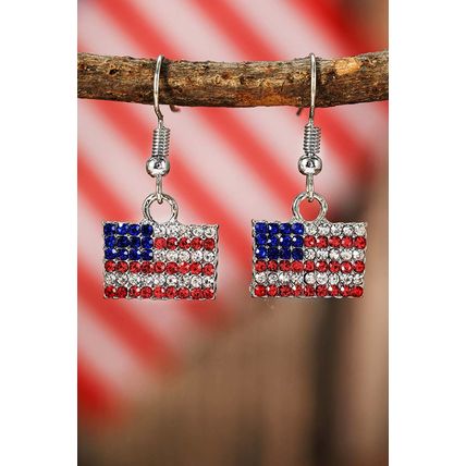 Fiery Red Rhinestone USA Flag Squared Drop Earrings