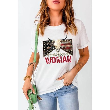 White American Woman Bull Skull Graphic T Shirt