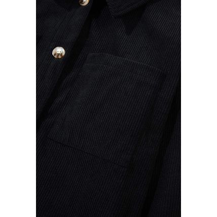 Black Hooded Drawstring Pockets Corduroy Shacket
