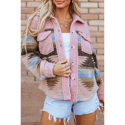 Pink Western Aztec Print Sherpa Splicing Buttoned Flap Pocket Coat