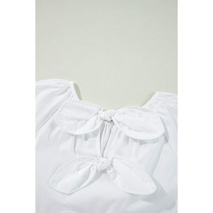 White Bow Knot Cutout Back Loose Fit 3/4 Sleeve Blouse