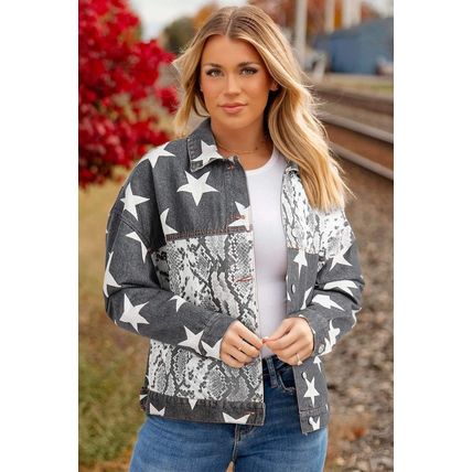 Black Star Snakeskin Printed Patchwork Denim Jacket