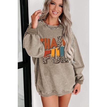 Khaki Leopard THANKFUL Graphic Corded Thanksgiving Sweatshirt