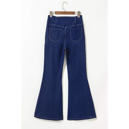Dusk Blue Solid Crossed Waist High Elastic Fit Flare Knit Jeans