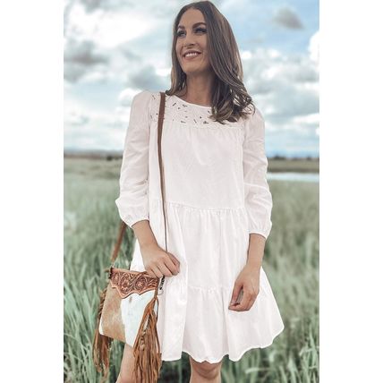 White Floral Lace Patchwork Bracelet Sleeve Tiered Mini Dress