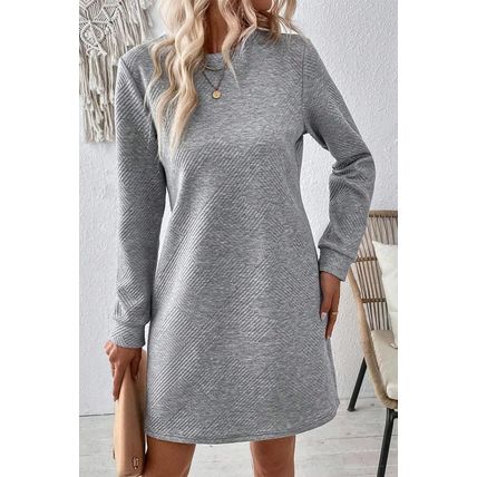 Gray Solid Color Textured Long Sleeve Shift Dress