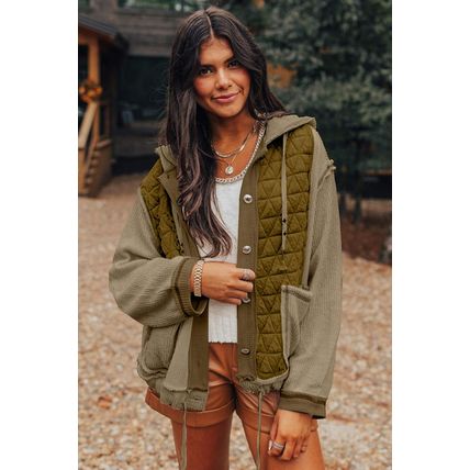 Jungle Green Quilted Textured Patchwork Loose Fit Hooded Jacket