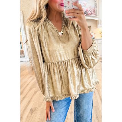 Gold Metallic Frilled V Neck Puff Sleeve Babydoll Blouse