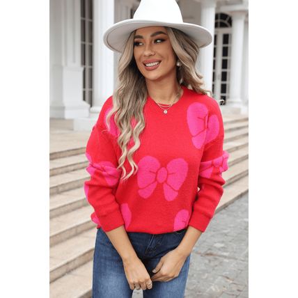 Fiery Red Valentine Bowknot Knitted Round Neck Fashion Sweater