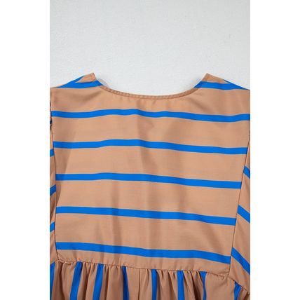 Khaki Stripe Contrast Striped Print 3/4 Sleeve Babydoll Plus Size Dress