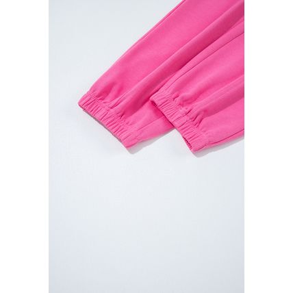 Bright Pink Raw Edge Half Buttons Pullover and Jogger Pants Set