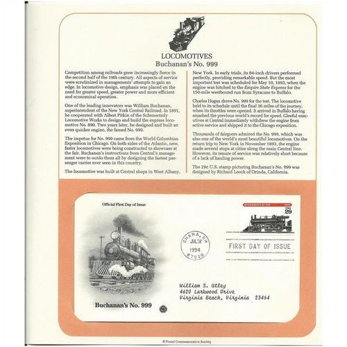 LOCOMOTIVES : BUCHANAN'S No. 999 ' OFFICIAL FIRST DAY of ISSUE ' (1994)