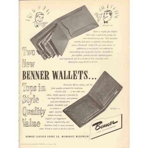 benner leather goods company 1950 tops style quality wallet vintage ad