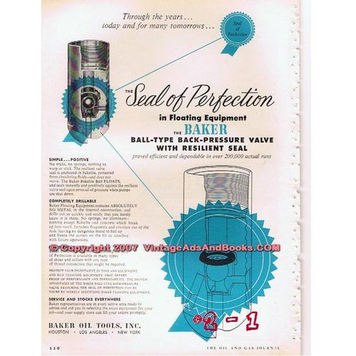 BAKER OIL TOOLS INC 1955 petroleum industry seal perfection vintage ad