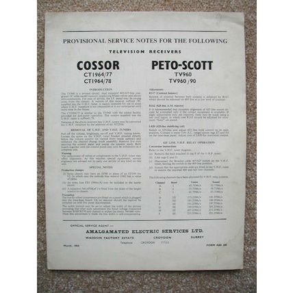 Philips Cossor CT1964 / 77 Peto-Scott TV960 Original Service manual