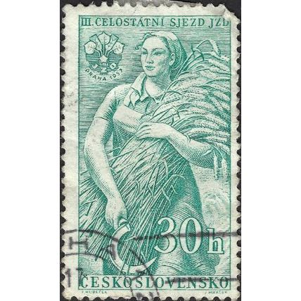 CZECHOSLOVAKIA, Farm Woman harvesting, green 1957, 30h
