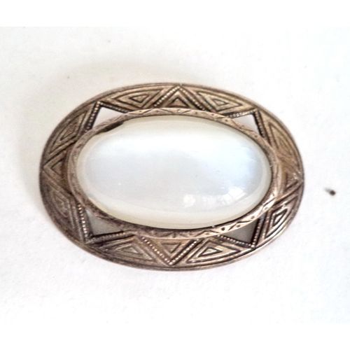 Antique Art Deco Sterling Silver Brooch Pin Engraved White Moonstone Oval Brooch