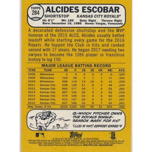 2017 Topps Heritage Baseball 284 Alcides Escobar Kansas City Royals