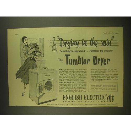 1955 English Electric Tumbler Dryer Ad - Drying in the rain
