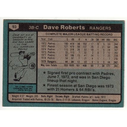 1980 Topps baseball card 93 Dave Roberts - Rangers