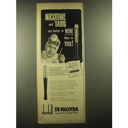 1950 Dunhill De-Nicotea Cigarette Holder Ad - Nicotine and tars are better