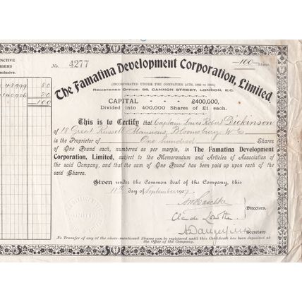 Famatina Development Corporation Limited 100 Shares 1907 Stock/Share Certificate