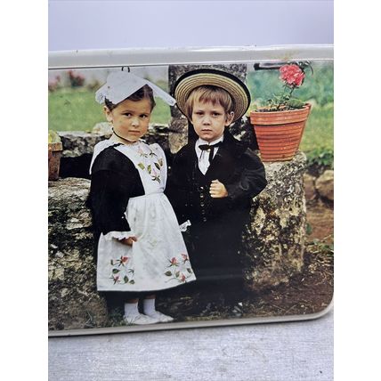 Boy & Girl Photo Massilly France Vintage EMPTY Collectible Tin Storage Container