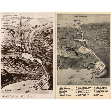 Mediterranean Suez Canal Egypt Port Said 2x Map RPC Old Postcard s