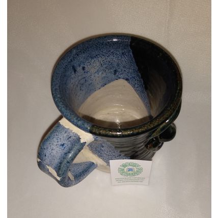HANDCRAFTED GLAZED STONEWARE FACE MUG BLUES & WHITE SIGNED RT