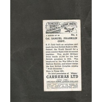 Cigarette Card Carreras Famous Airmen & Women 1936 #4 Colonel Samuel Cody