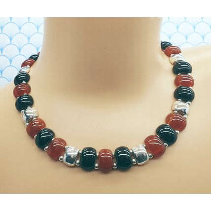 Vintage Chunky 925 Sterling Silver Onyx & Carnelian Statement Necklace with Box