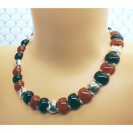 Vintage Chunky 925 Sterling Silver Onyx & Carnelian Statement Necklace with Box