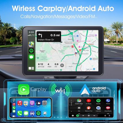 Wireless Carplay Screen for Car, 7" HD Portable Stereo Touchscreen with Apple Ca