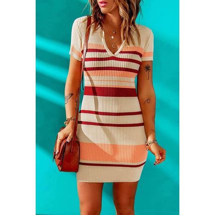 Apricot Striped Ribbed Knit V Neck Bodycon Mini Dress