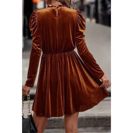 Chestnut Velvet Frilled Neck Gigot Sleeve Swing Dress
