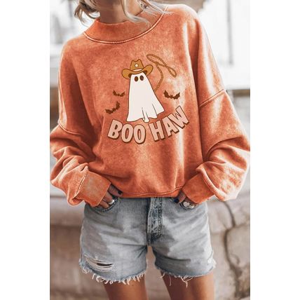 Orange BOO HAW Ghost Halloween Print Drop Sleeve Sweatshirt