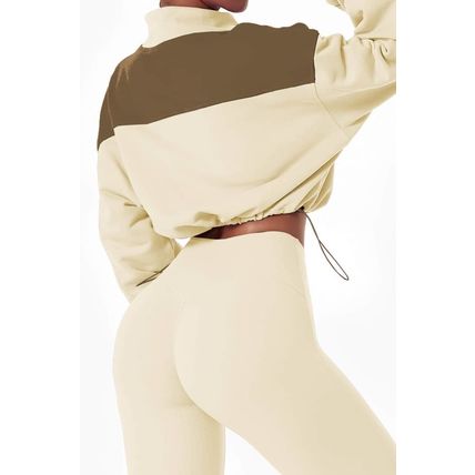 Beige Color Block Drawstring Cropped Athleisure Jacket