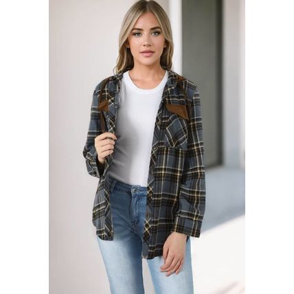 Contrast Hooded Drawstring Plaid Shacket
