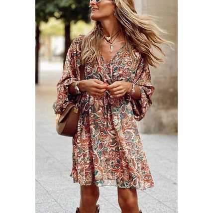 Brown Geometric Print Long Sleeve Surplice Flowy Dress